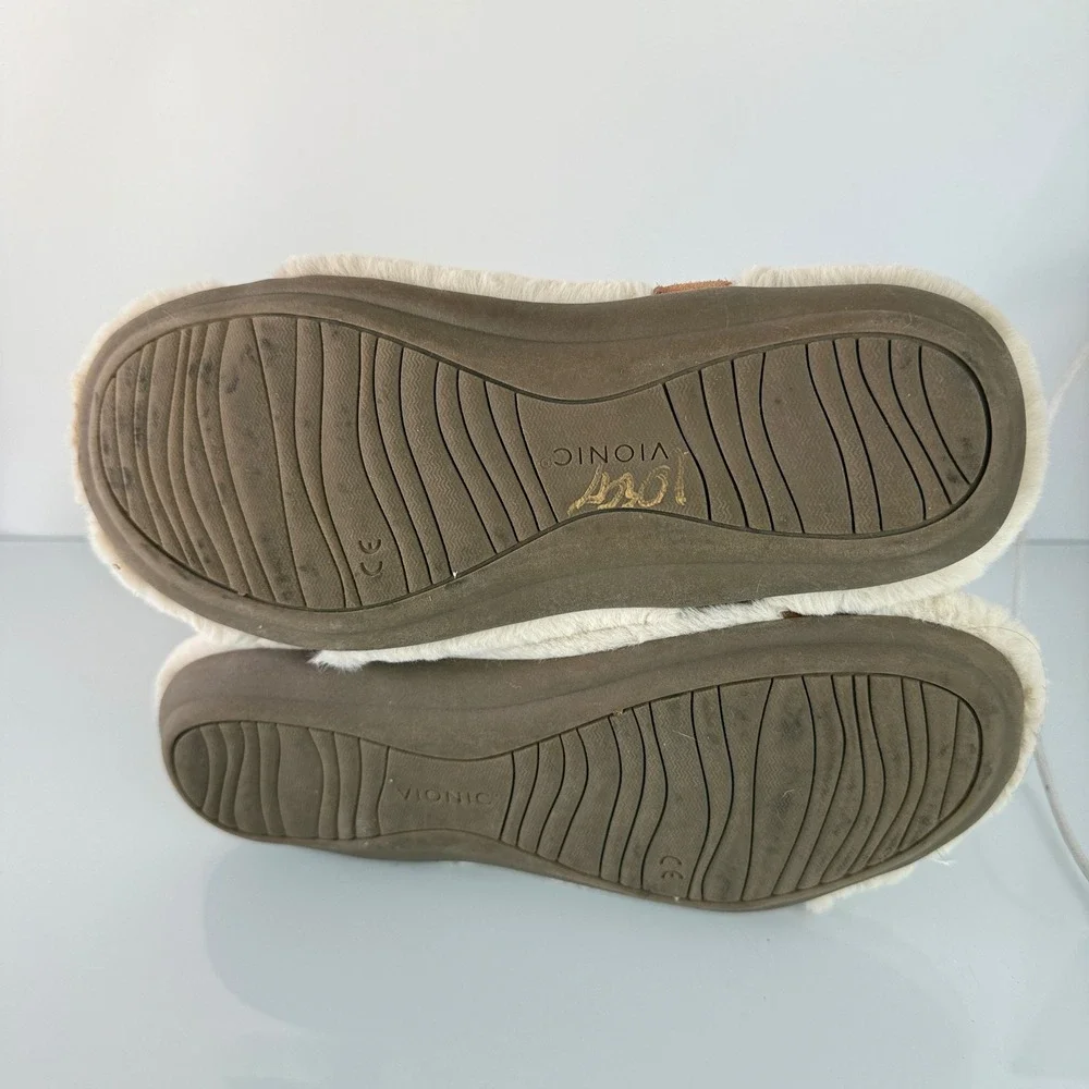Vionic Viva Sandals Womens 6 Toffee Brown Suede Faux‎ Fur Strappy Orthotic 11298